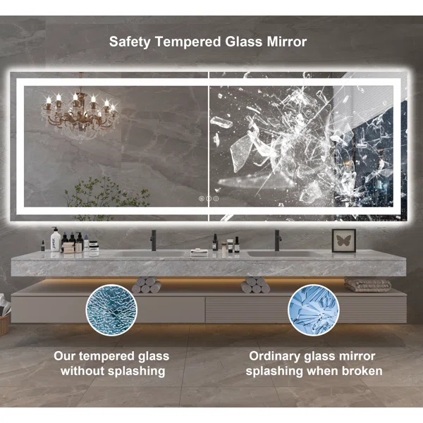 84 in. W x 32 in. H Rectangular Tempered Glass Frameless Anti-Fog Dimmable Wall Mounted Bathroom Vanity Mirror - Image 3